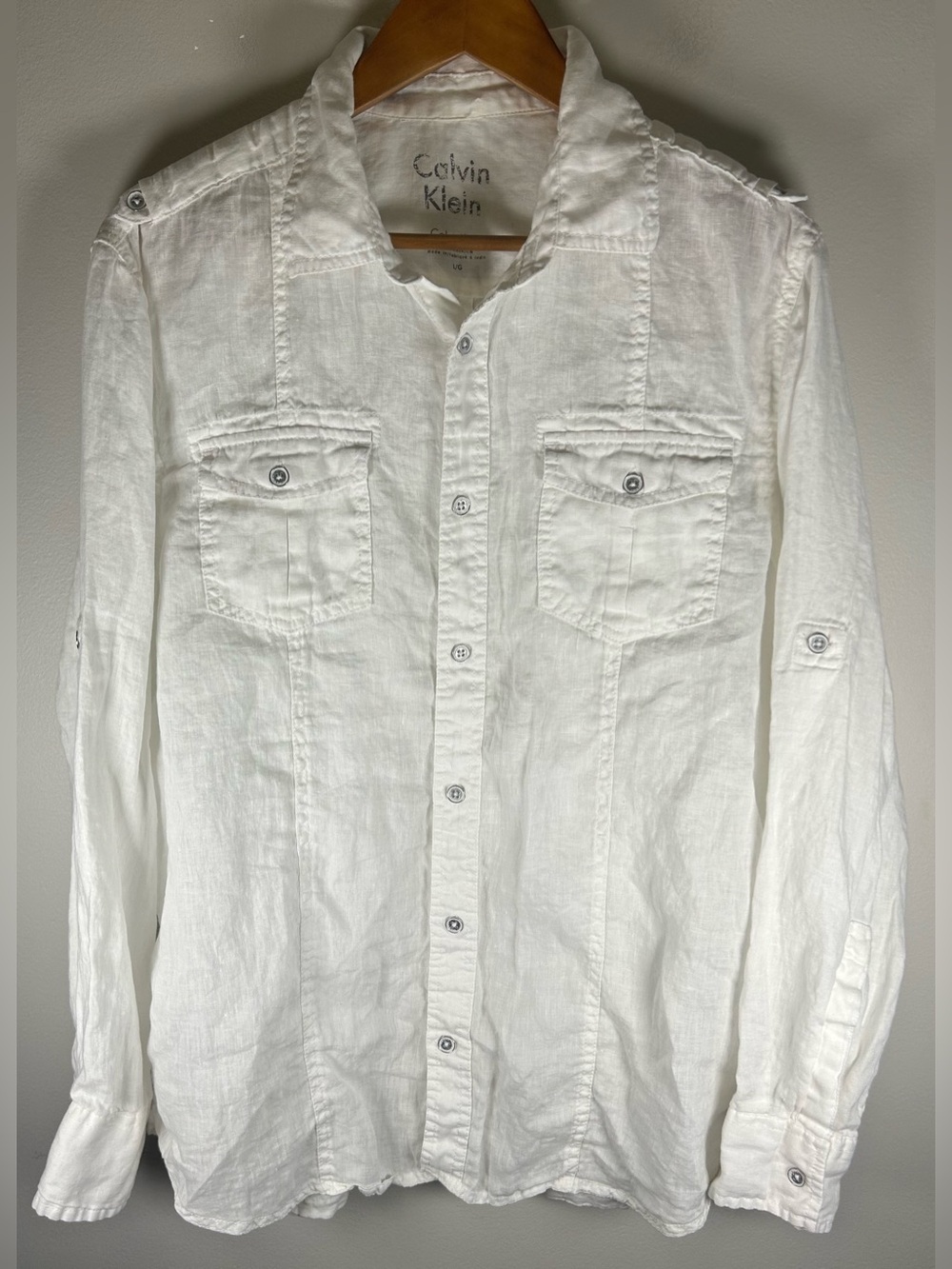 Calvin Klein Men’s Button Up Shirt Sz L White Linen Military Safari Dual Pockets